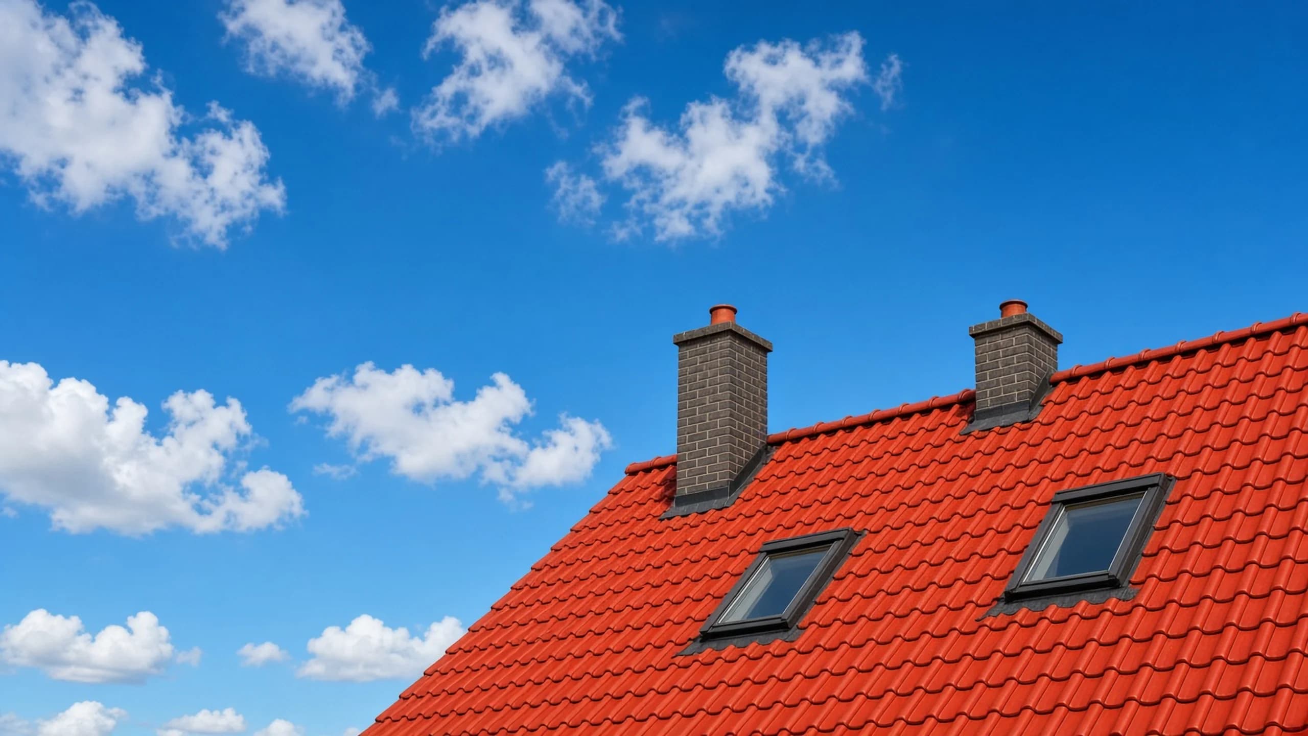 Red clay tile roof with chimneys and skylights under a blue sky