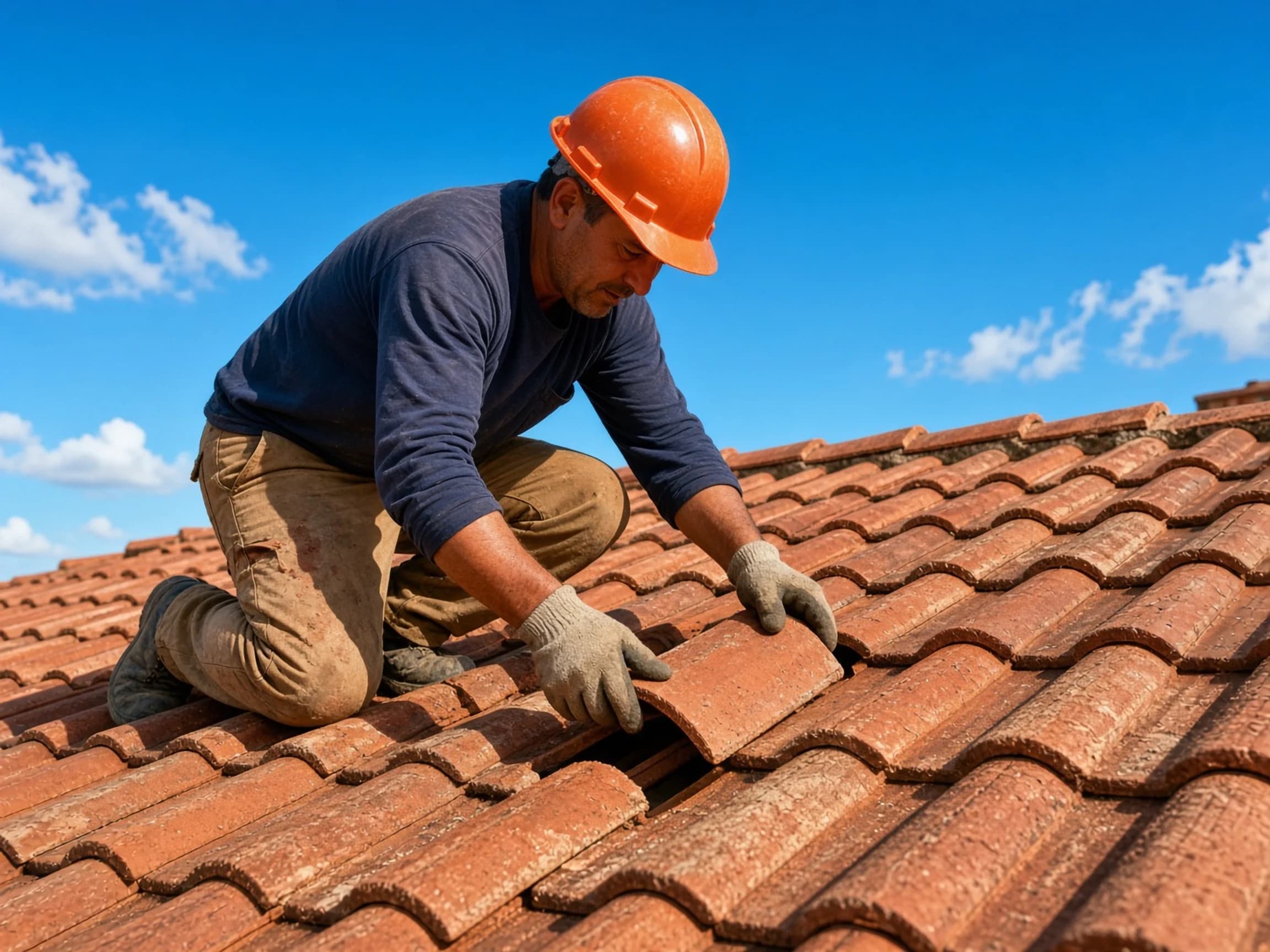 Roofer fitting a new clay tile