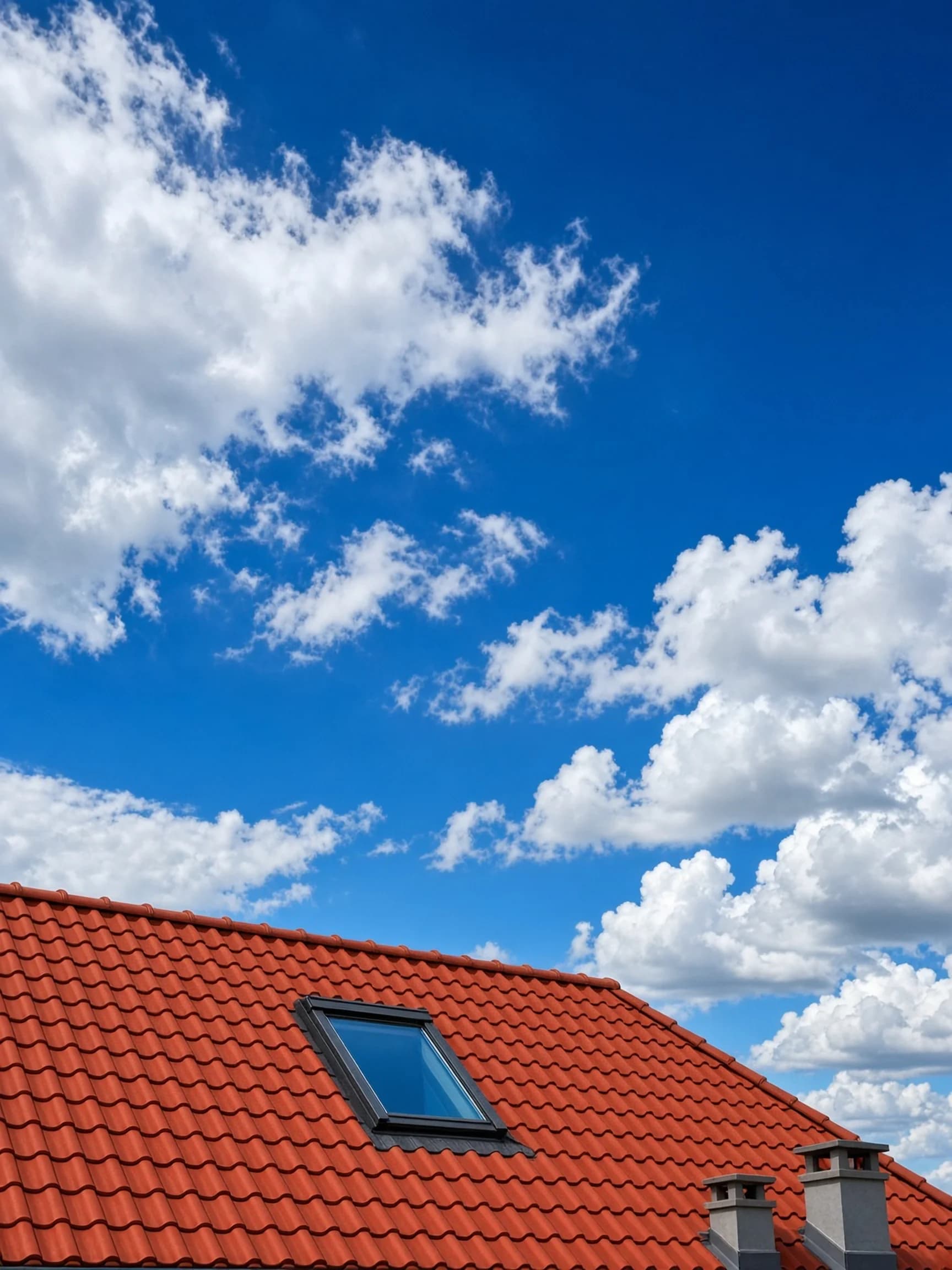 Corner of a red tile roof with a skylight under a cloudy blue sky